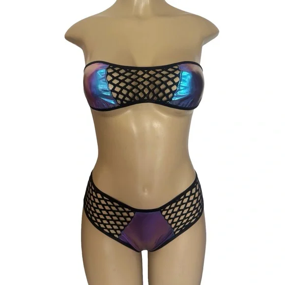 Iridescent Bikini Set with Mesh Detail exotic Dancewear rave edc - Picture 2 of 5